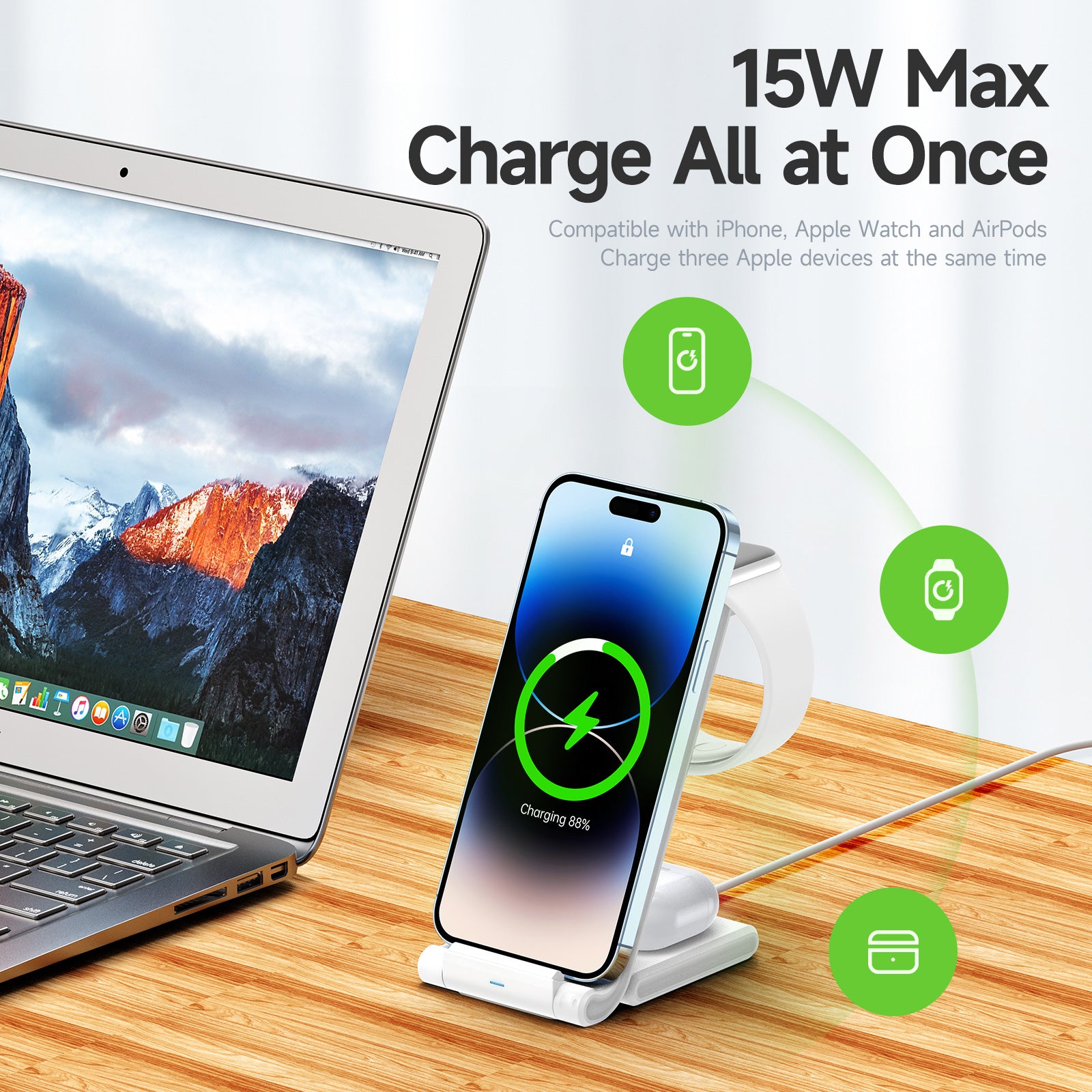 DUZZONA W10-A 3-in-1 Foldable 15W Wireless Charger Qi Fast Charging Stand Dock for iWatch Phone Earphone (CE/FCC/UKCA/ROHS) DUZZONA W10-A 3-in-1 Foldable 15W Wireless Charger Qi Fast Charging Stand Dock for iWatch Phone Earphone (CE/FCC/UKCA/ROHS)
